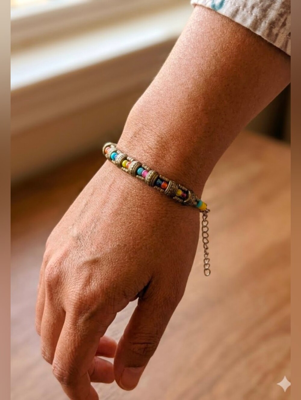 Multicolor Bead and Brass Tone Bracelet